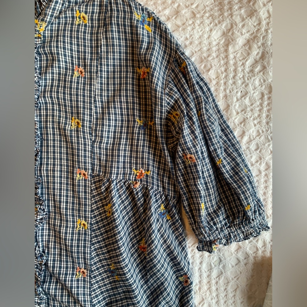 Sundance Navy Checkered Blouse with Floral Accents - Picture 5 of 16